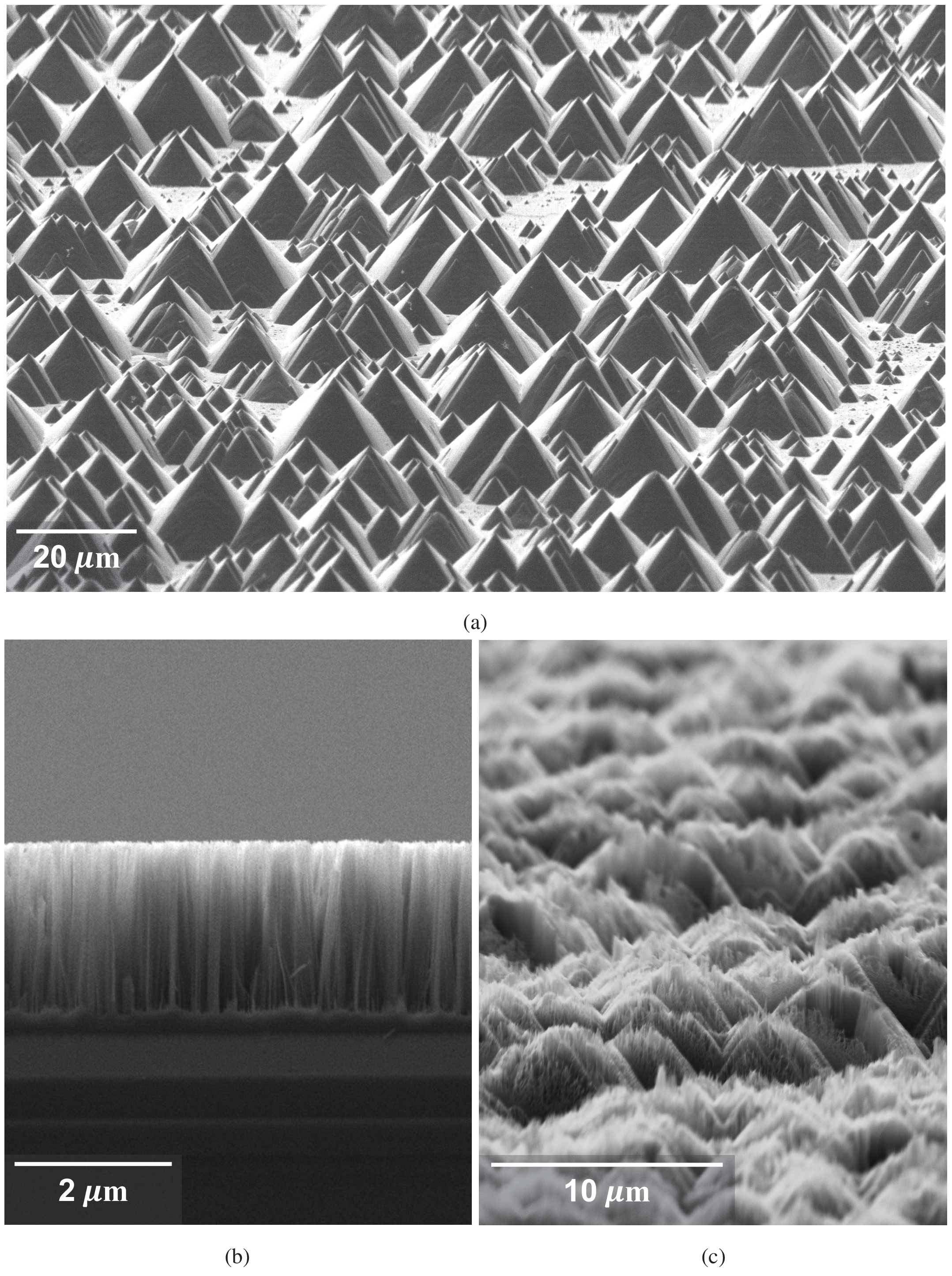 Figure 1: Scanning electron micrographs of exemplar pyramidal (a), planar b-Si (b), and hb-Si (c) textures used in this work.